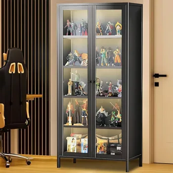 Image 5-Tier Display Cabinet with Acrylic Doors,67” Transparent Bamboo Curio Display Case for Figures,Display Shelves for Collectible