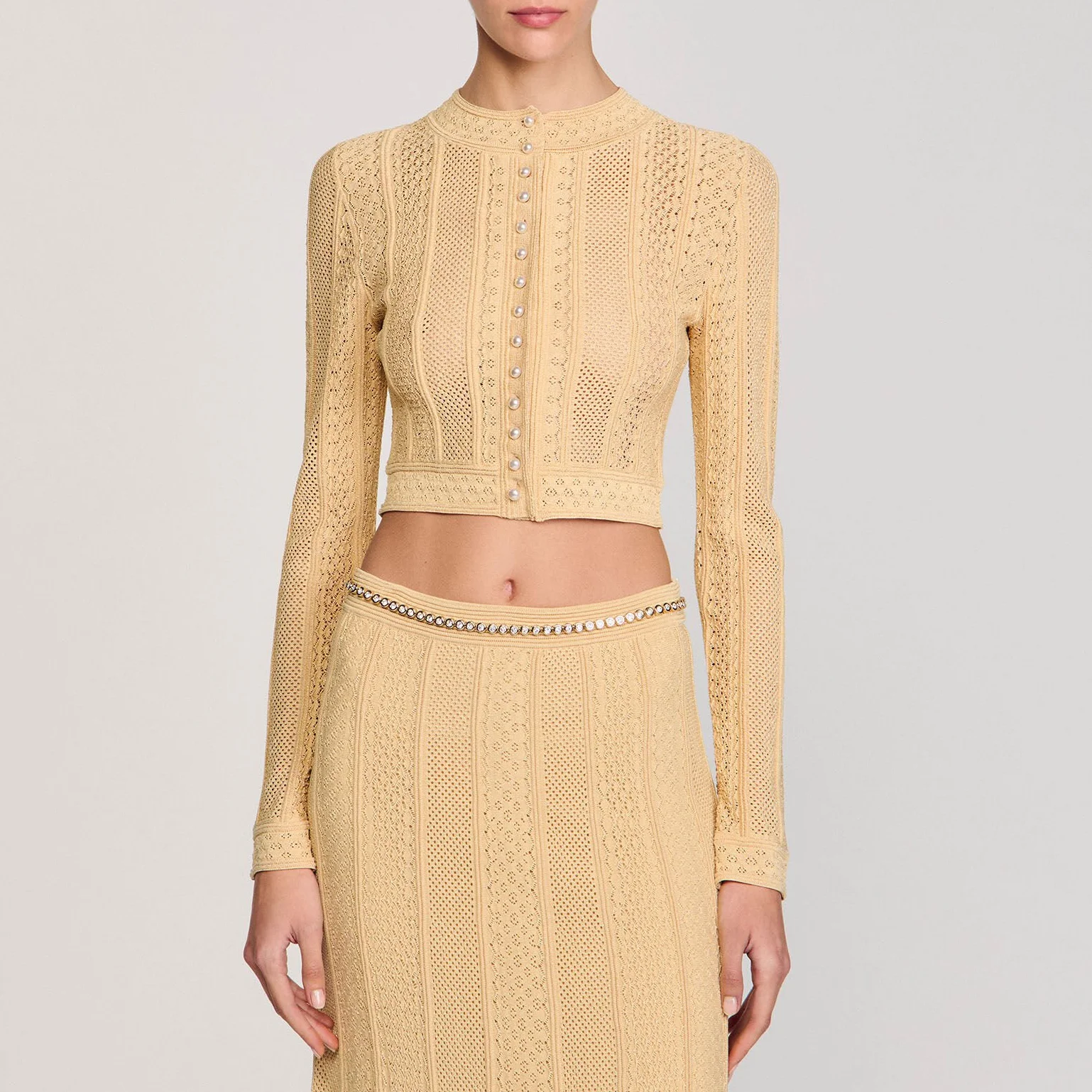 

High Waist Lace Hollow out Knitted Cardigan Pearl Button round Ne Summer Vintage Sweet Sle Long Sve ort Length Fit