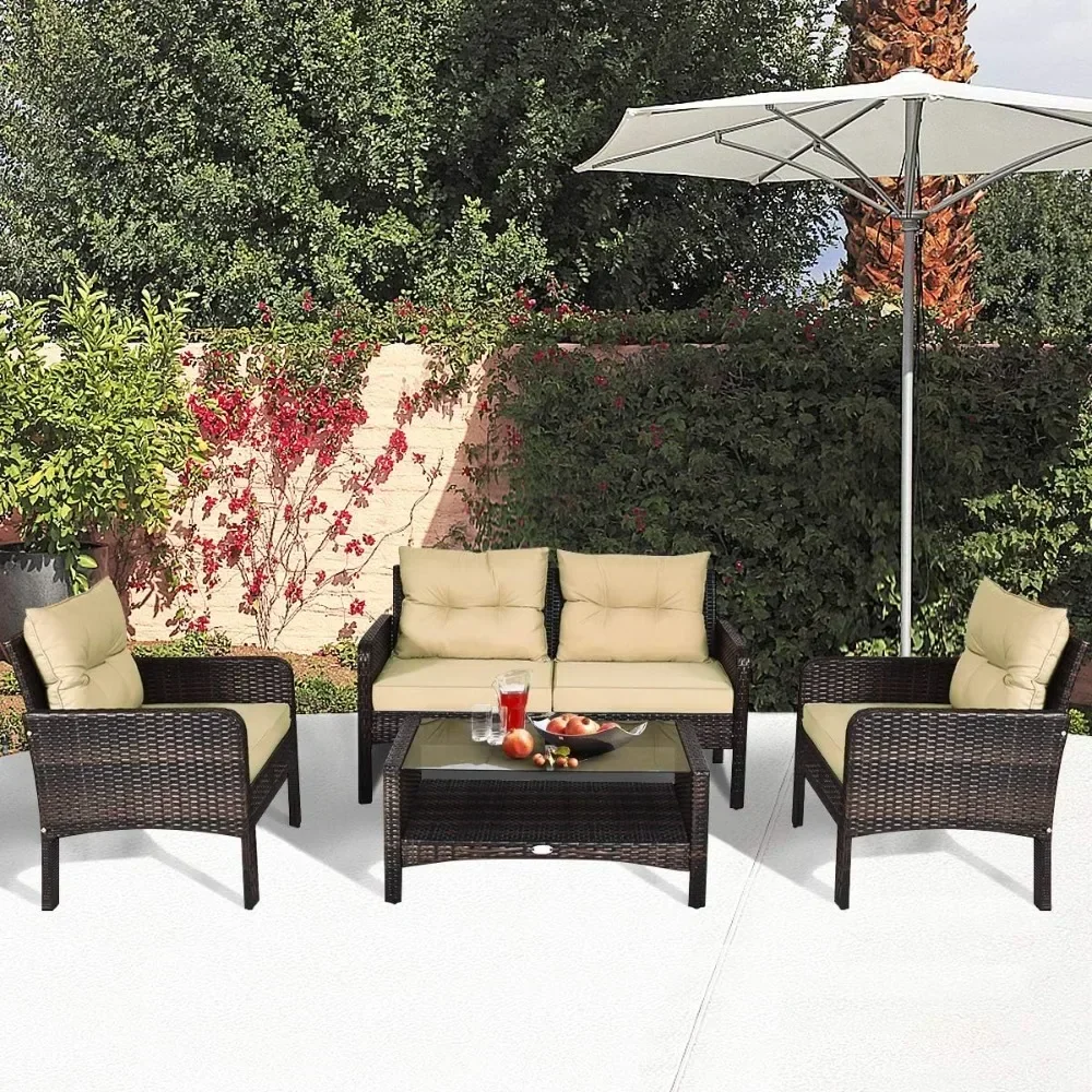 Set With Cushions & Coffee Table With Tempered Glass Table TopL # For Patio Furniture Set 4-Piece Outdoor Rattan Wicker Sofa