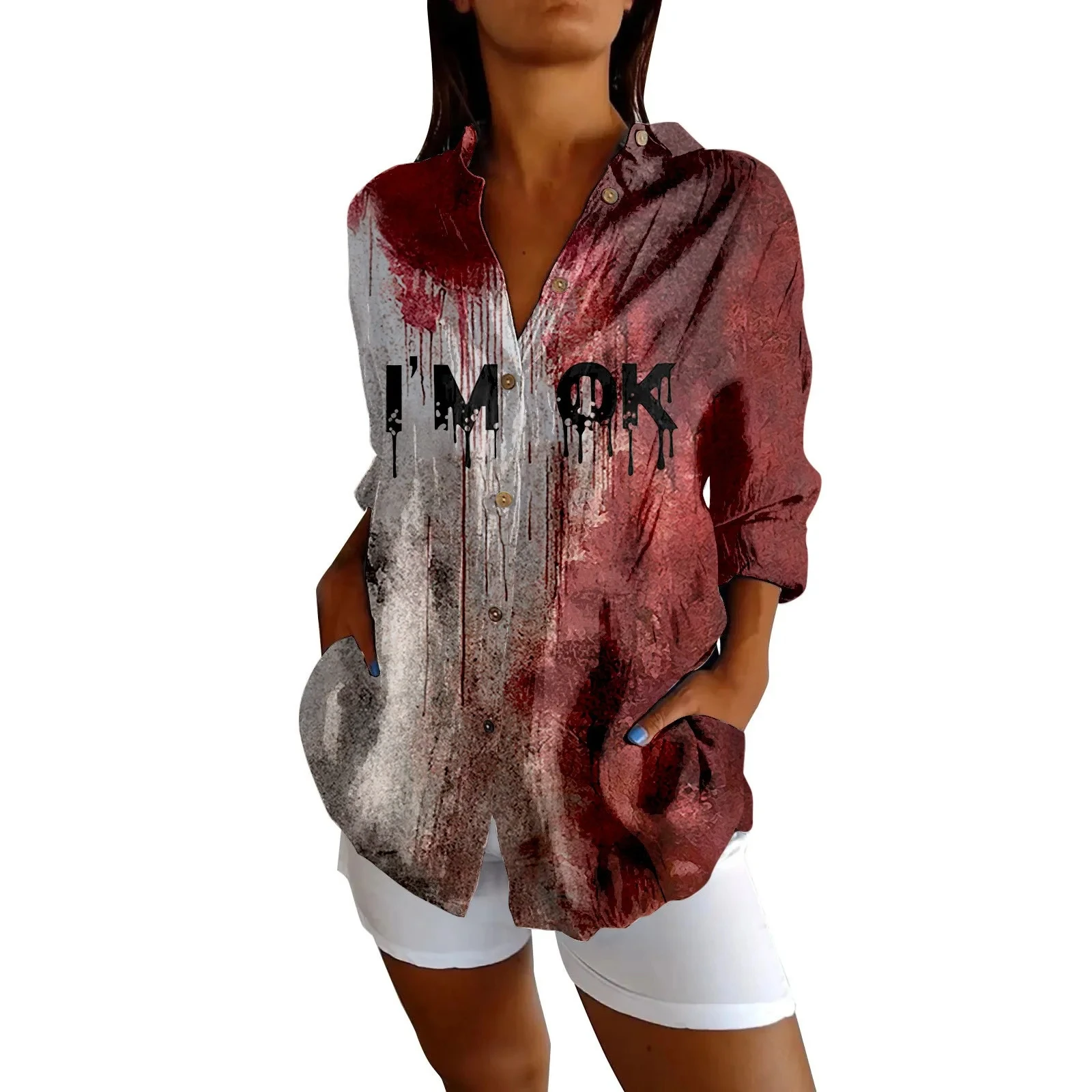 

Летняя модная женская повседневная рубашка на пуговицах с длинными рукавами и лацканами с принтом кровавых букв, топы, женская рубашка на Хэллоуин