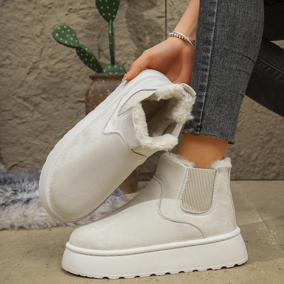 2026 Women Thick Bottom Snow Boots  Cotton Lined Round Toe Slip-On Shoes Warm Rubber Sole Shoes Women Comfortable Mid-Cut Boots