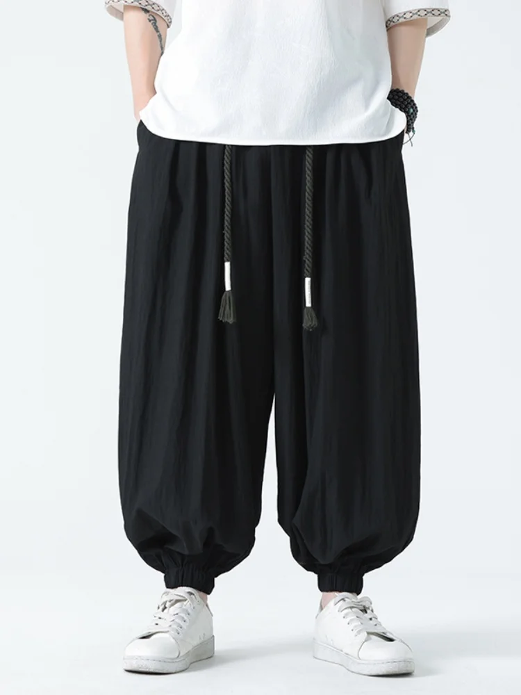 

Мужские летние тонкие брюки-фонарики из ледяного шелка в китайском стиле, новые, из хлопка и льна, повседневные, дышащие, свободного кроя, длинные