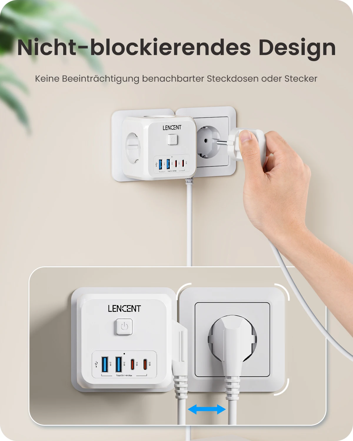 LENCENT 3-fach Steckdosen-Würfel Mit USB A & Typ-C – 4000W, Weiß/farbig, Für Jeden Raum LENCENT Mehrfachstecker