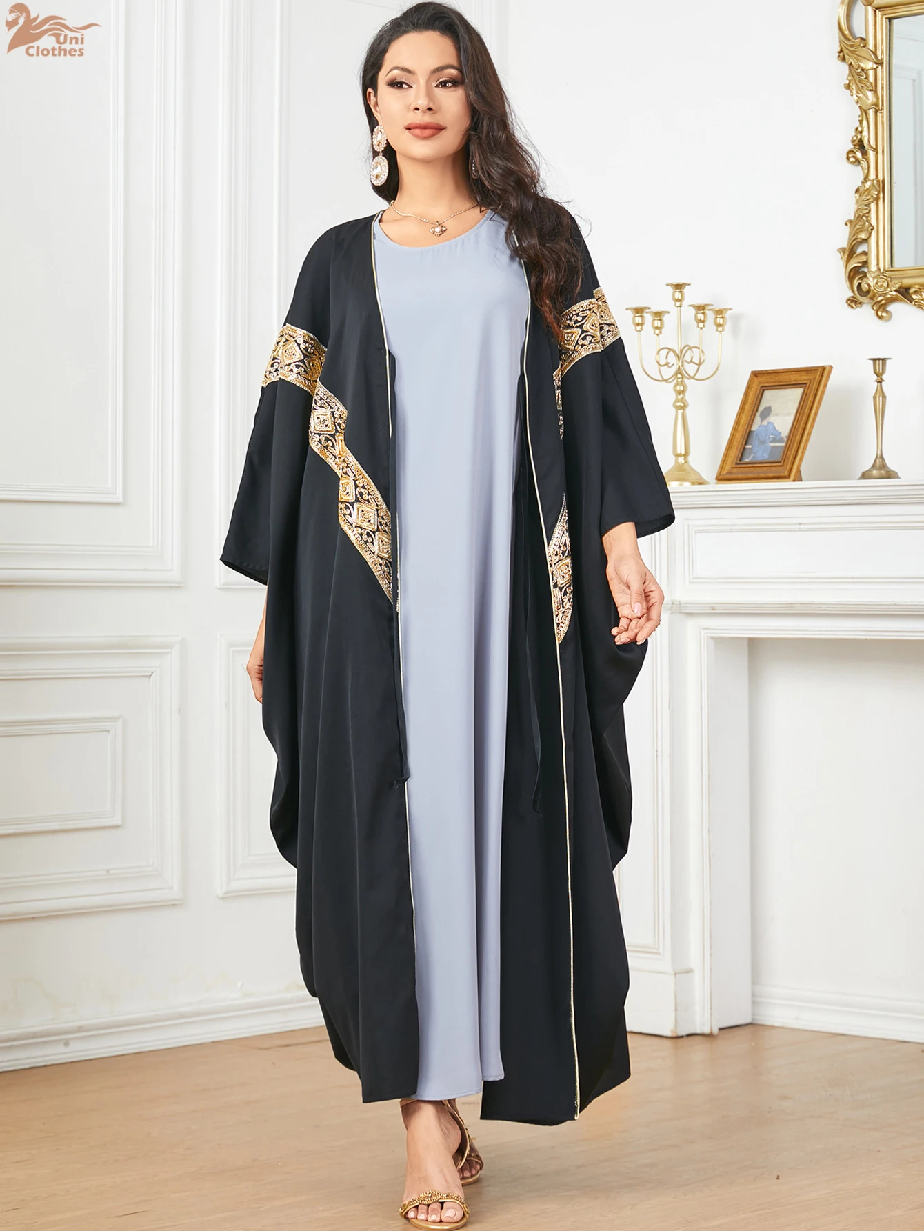 ชุดอาบายะห์หรูหราแบบเปิดสำหรับผู้หญิงมุสลิม ชุดคาฟตันสไตล์โมร็อกโก แขนทรงปีกค้างคาว แฟชั่นทันสมัย สง่างาม ทรงหลวม ชุดราตรียาว