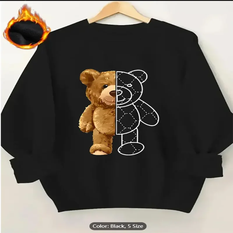 

Женская толстовка с полуплюшевым мишкой и графическим принтом на флисовой подкладке, повседневный пуловер большого размера, топ для милых любителей стиля, чистый хлопок