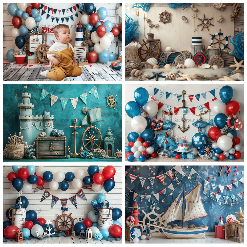 

Boys 1st Birthday Backdrop for Photography Helmsman Sailing Crew Sailor Balloons Kids Cake Smash Party Decorations Background
