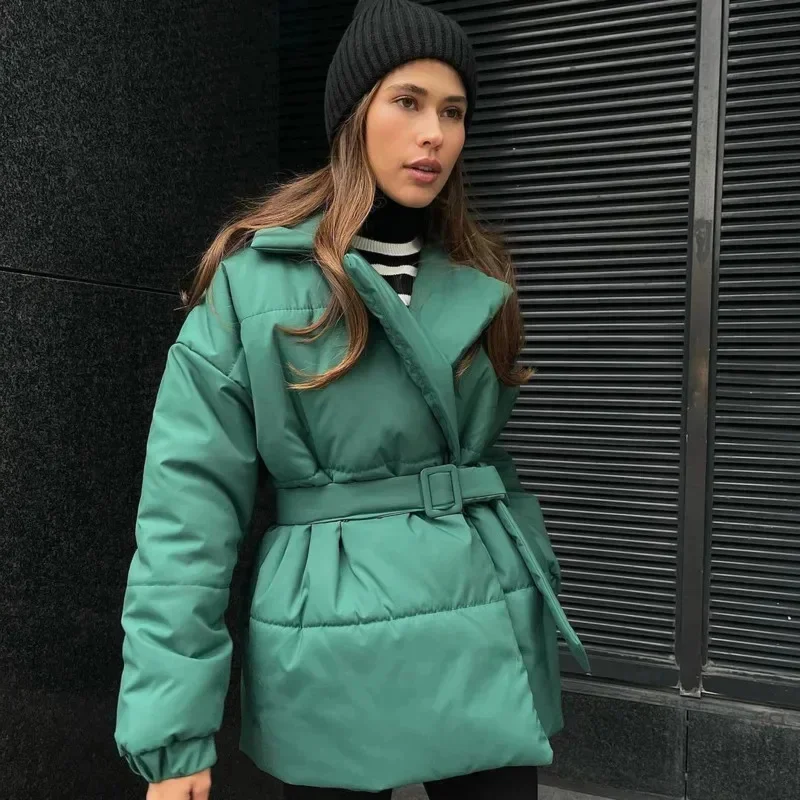 Women Cotton Puffer Loose Turndown Collar Parkas Coats Vintage Bread Tie Waist Jackets Outwear Winter Ladies Warm Quilted Jacket