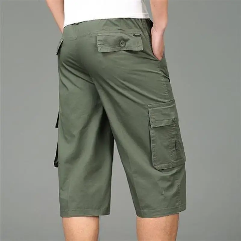 Men\'s Shorts Multi Pocket Solid Color Summer Clothing Thin Large Fashion Vintage Elastic Waist Work Hot Cargo Casual Male Pants