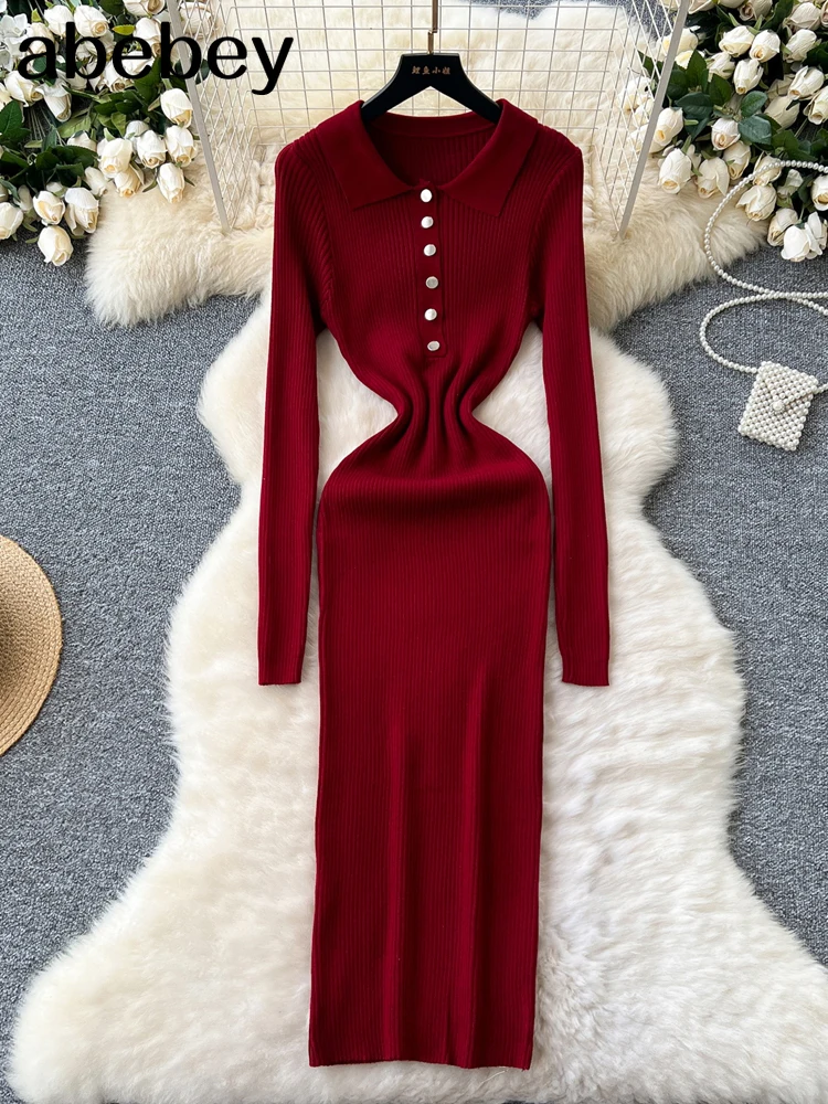 

2026 зимнее новое однотонное элегантное корейское теплое вязаное длинное платье, утягивающий базовый свитер, модное платье для женщин