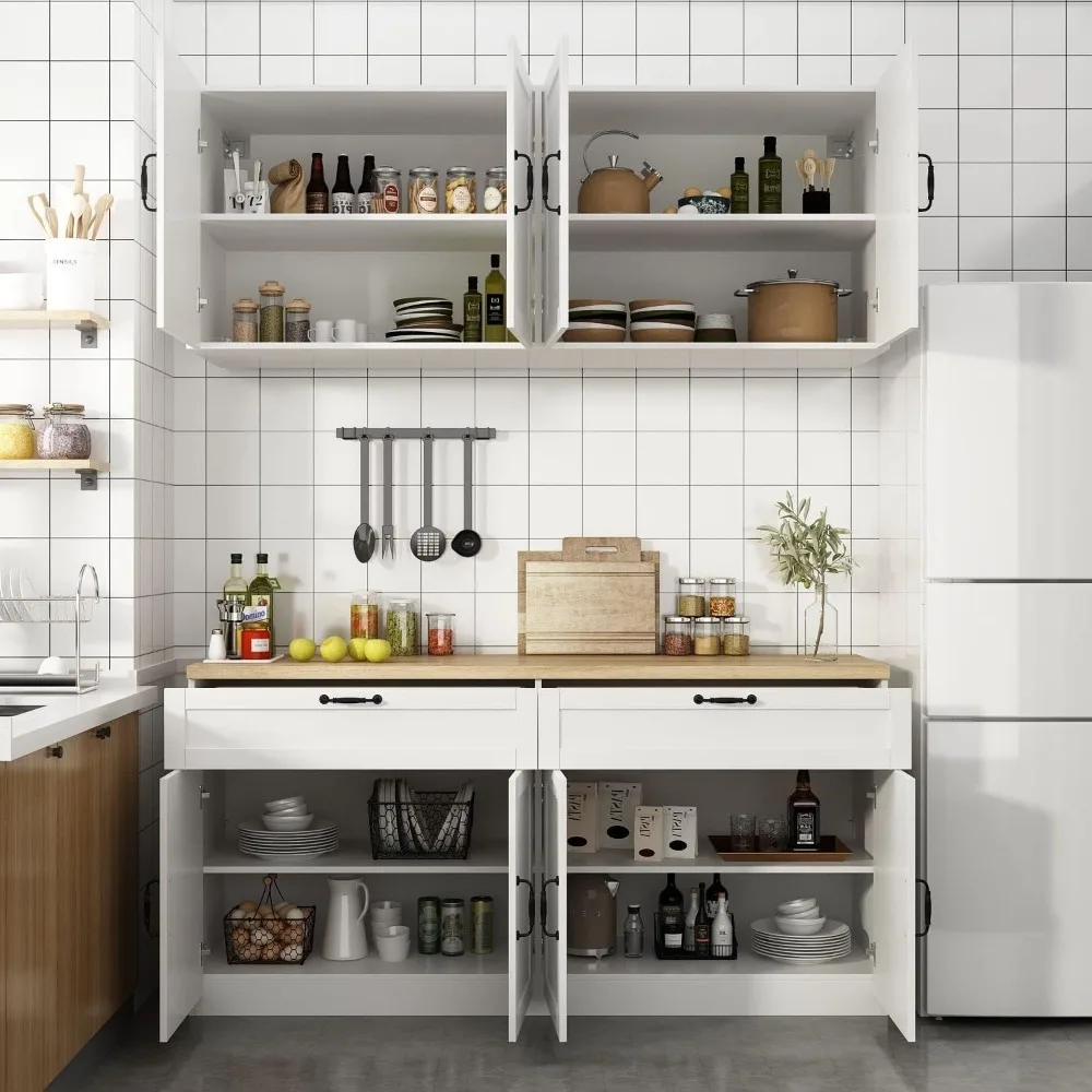 Wall Mounted Kitchen Storage Cabinet with Countertop, Drawers and Doors, White and Oak Kitchen Wall Cabinets Kitchen Furniture