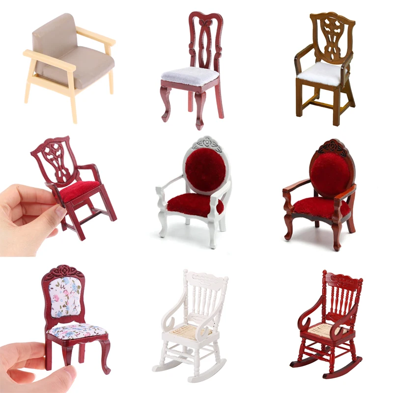 Dollhouse Armchairs Doll House Furniture Miniature Wood Chairs Mini Rocking Chair High Chair Model Furniture Decor Accessories