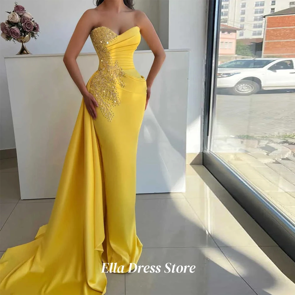 Graceful Yellow Satin Evening Dress Customized Strapless Sleeveless Celebrity Gowns Sparkly Beading Sequin Homecoming Dresses image 2