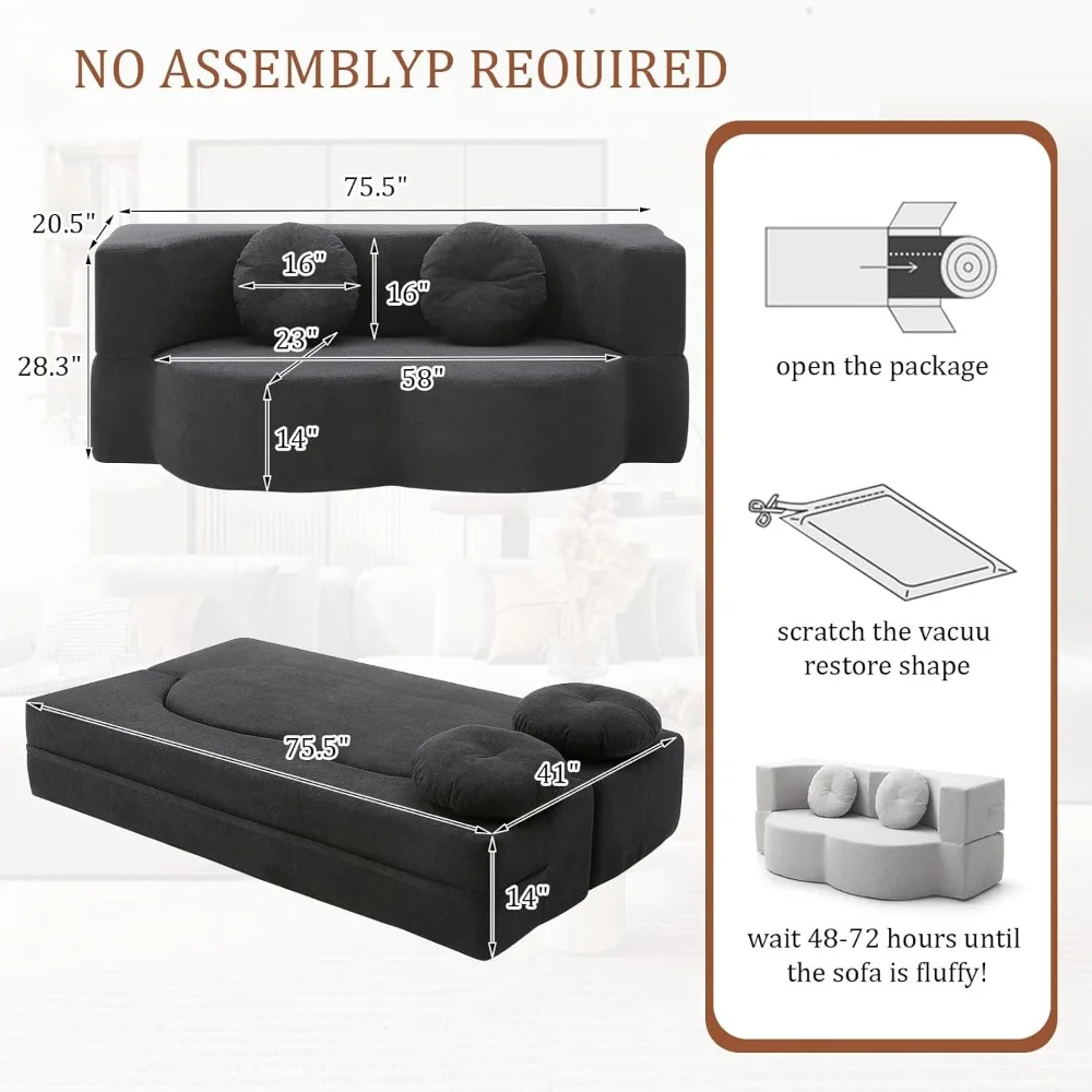 أريكة فوتون لاونج النائمة ليتشي فيلفيت أريكة أرضية بمقعدين لغرفة المعيشة، سرير أريكة قابل للطي قابل للتحويل #3