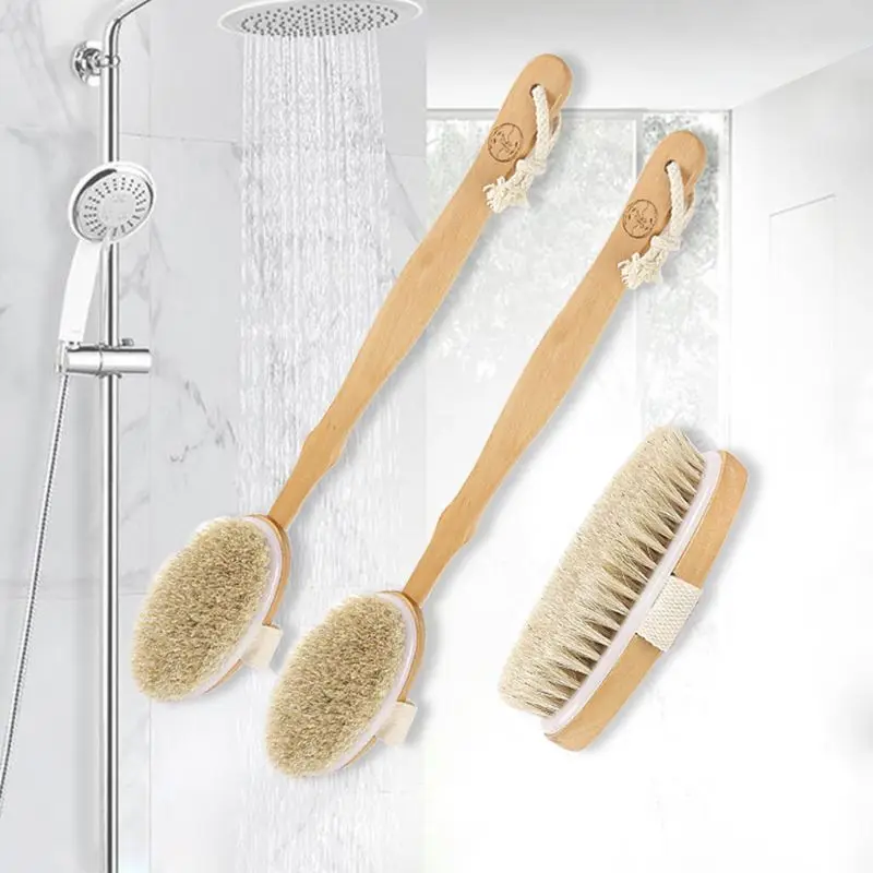 

Sdotter Long Wooden Handle Dry Skin Exfoliating Shower Brush Natural Bristles Back Scrubber Detachable Body Massage Cleaning Acc