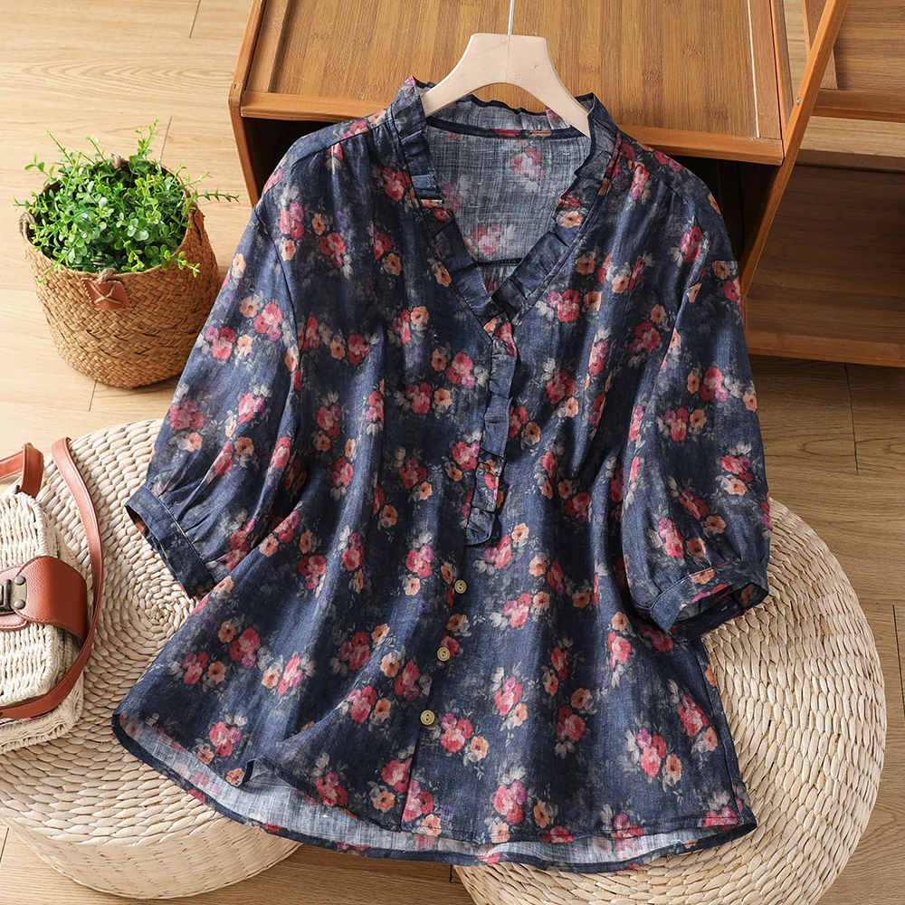 

Elegant V-Neck Women's Shirt Cotton Linen Print Casual Breathable Summer Top Mommy Fashion Wooden Trim Loose Fit Short S...