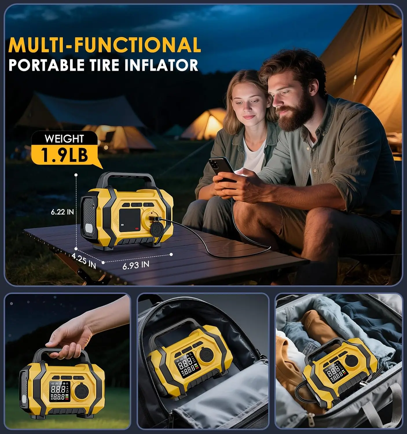 Compresor de Aire Portátil de 12V con Manómetro Digital, Pantalla LCD, Apagado Automático, Luz LED, Bomba de Aire Eléctrica para Coche, Motocicleta, Bicicleta, Balón, Inflado de Neumáticos de Emergencia
