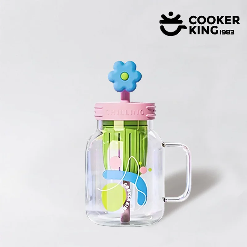 COOKER KING 800ML Glass Straw Cup High Borosilicate Glass+PP Large Capacity Coffee Mug Wiith Lid Teacup Exquisite Gift for Girls