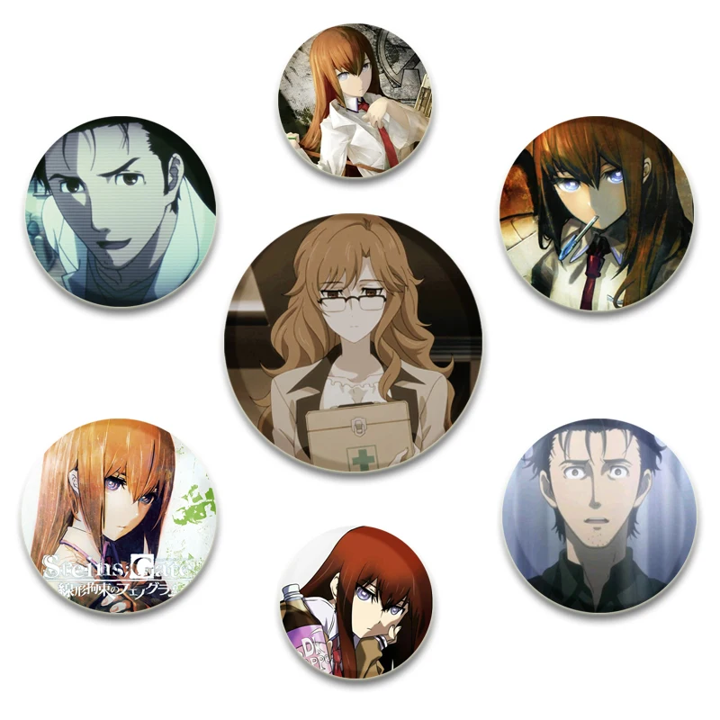 

32/44/58mm Anime Steins Gate Figures Brooches Handmade Enamel Pins Cosplay Badge for Collar Backpack Hat Decoration Gifts