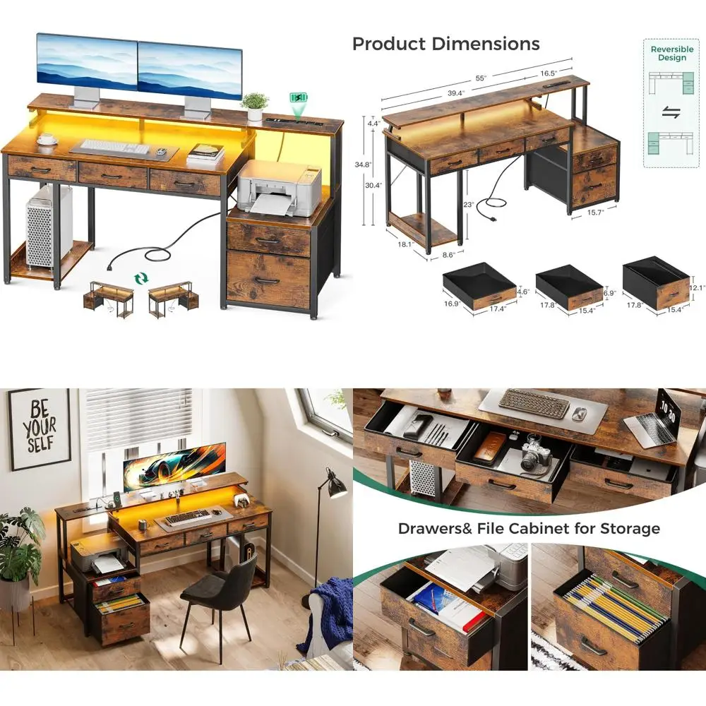 

55 Inch Desk with 3 Drawers, File Cabinet, Monitor Stand, and LED Lights for Home Office Storage