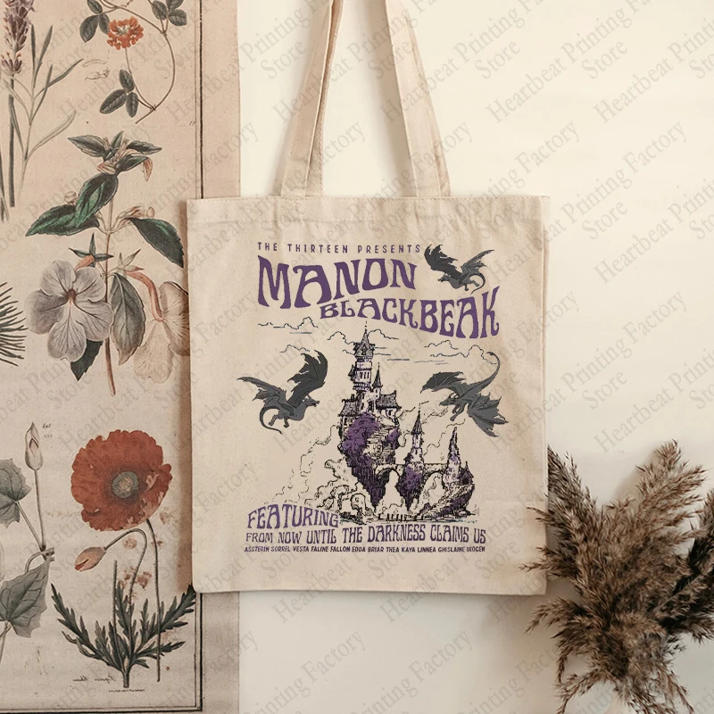 Manon Blackbeak Dragon Pattern Canvas Shopping Bag Portable Shoulder Bag Trendy Large Capacity Tote Bag for Daily Life