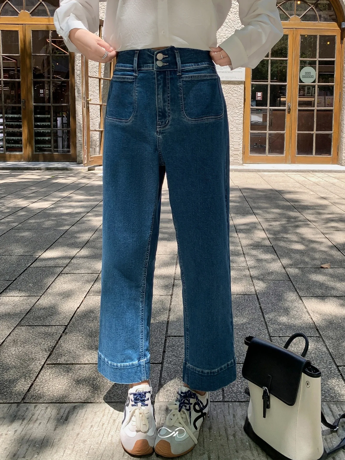 

Джинсы с высокой талией и широкими штанинами, больших размеров, женские, на двух пуговицах, укороченные, повседневные, из хлопка, свободного кроя, стройнящие, для осени