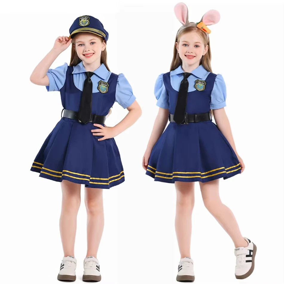 

New Judy Rabbit Cosplay Dress Children Halloween Carnival Party Costume Girls Accessories Hat Tie Headwear Kids Uniform Clothing