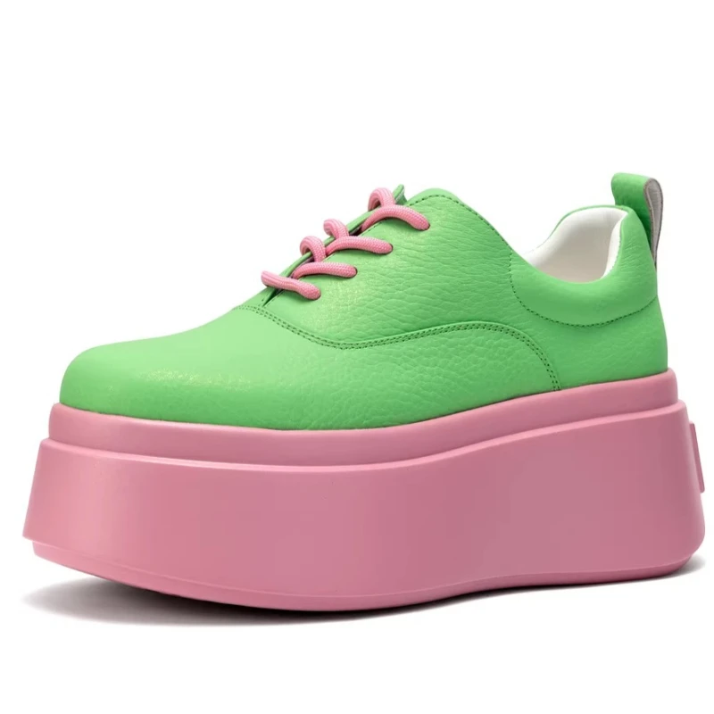 

Gouache green Street Casual Shoes for Women's Genuine Leather Thick Soled Height Increasing Shoes Comfortable Chunky Sneakers