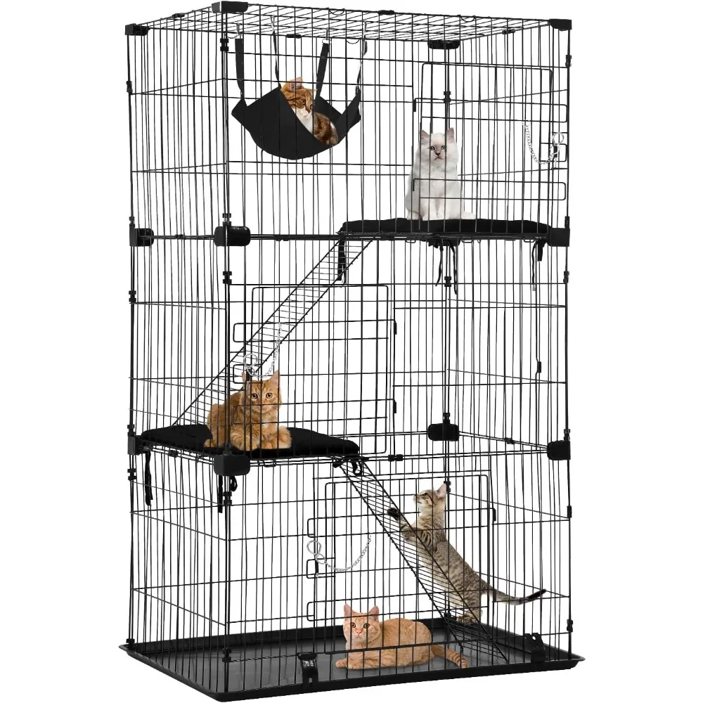 3-Tier 67 Inch Cat Cage Enclosre Crate Ferret Cage Cat Kennel Playpen with Free hammock 3 Bed 3 Front Doors