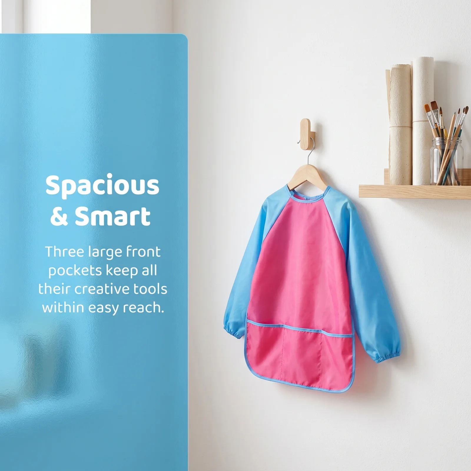 Long Sleeve Art Smock, Nylon Painting Apron with Elastic Cuffs & 3 Large Pockets for Pottery, Crafts, Messy Eating