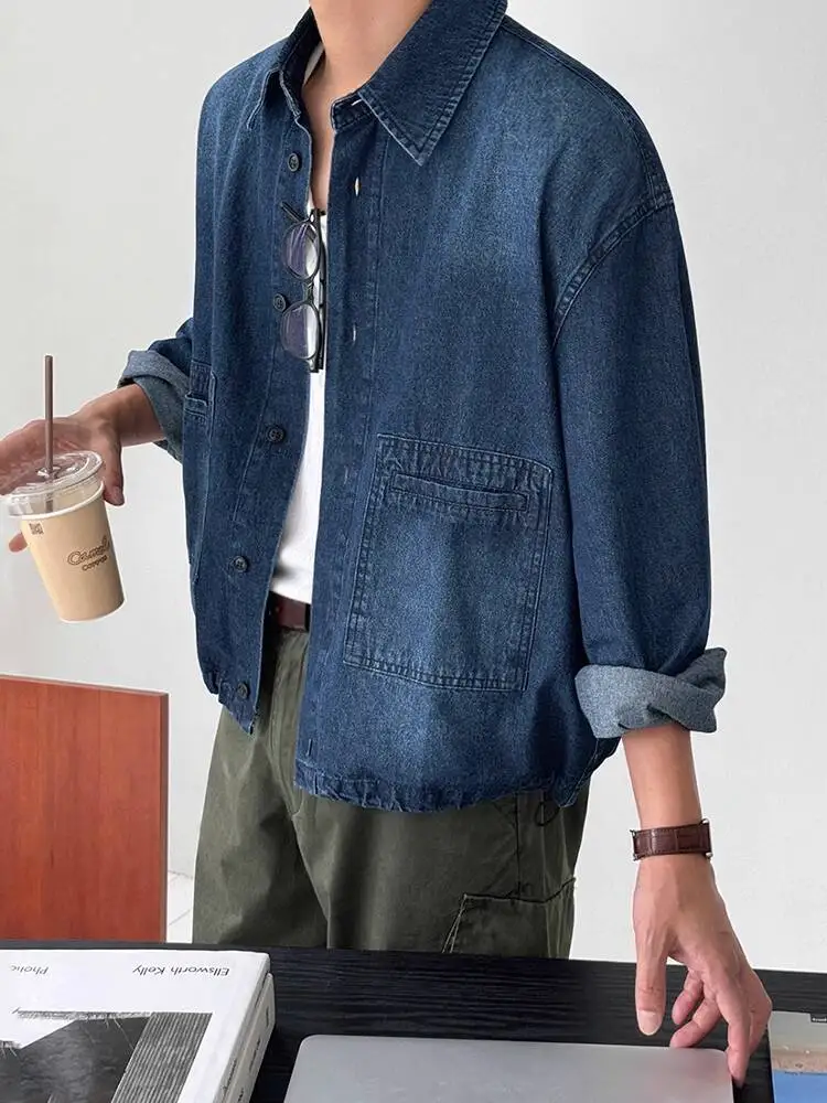 

SYUHGFA 2025 Autumn Korean Style Men's Washed Denim Shirts Turn Down Collar Casual Single Breasted Tops Long Sleeved Male Shirt