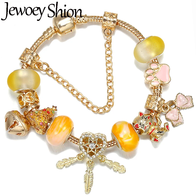 Golden Dream Catcher & Lucky Cat With Bowknot Pendent DIY Charm Brand Bracelet Fashion Jewelry For Women & Kid Making Gift New