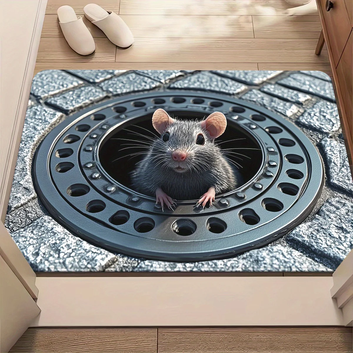 3D Rat Manhole Flannel Rug Printed Carpet Indoor Decorative Home Floor Mat Living Room Bedroom Anti Slip Soft Design