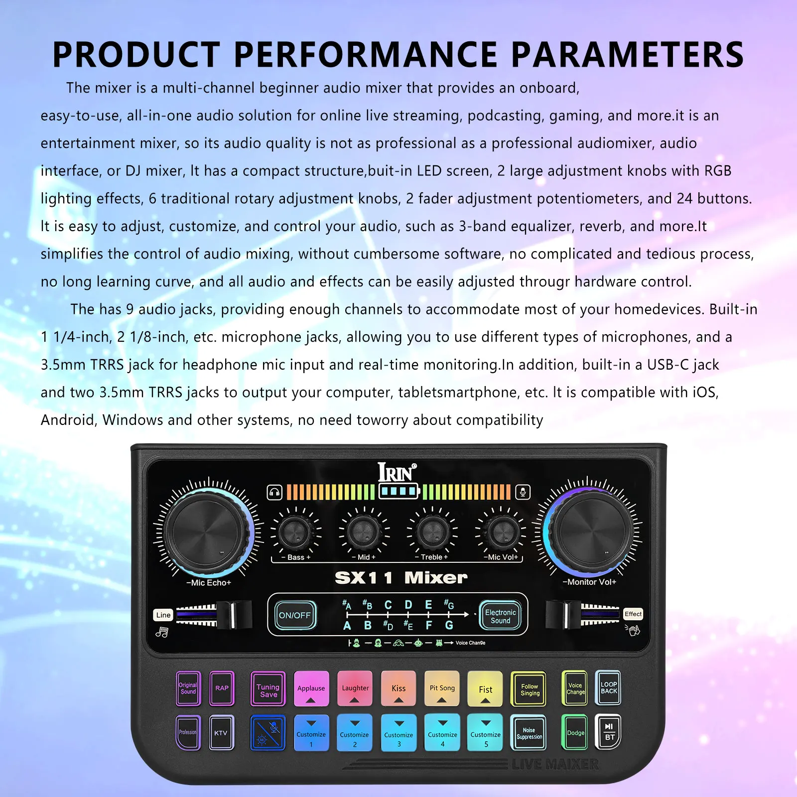 IRIN SX11 Multifunction Sound Card with RGB Lighting & Sound Effects – 9‑Port Entry‑Level Console for Podcast, Gaming, Karaoke