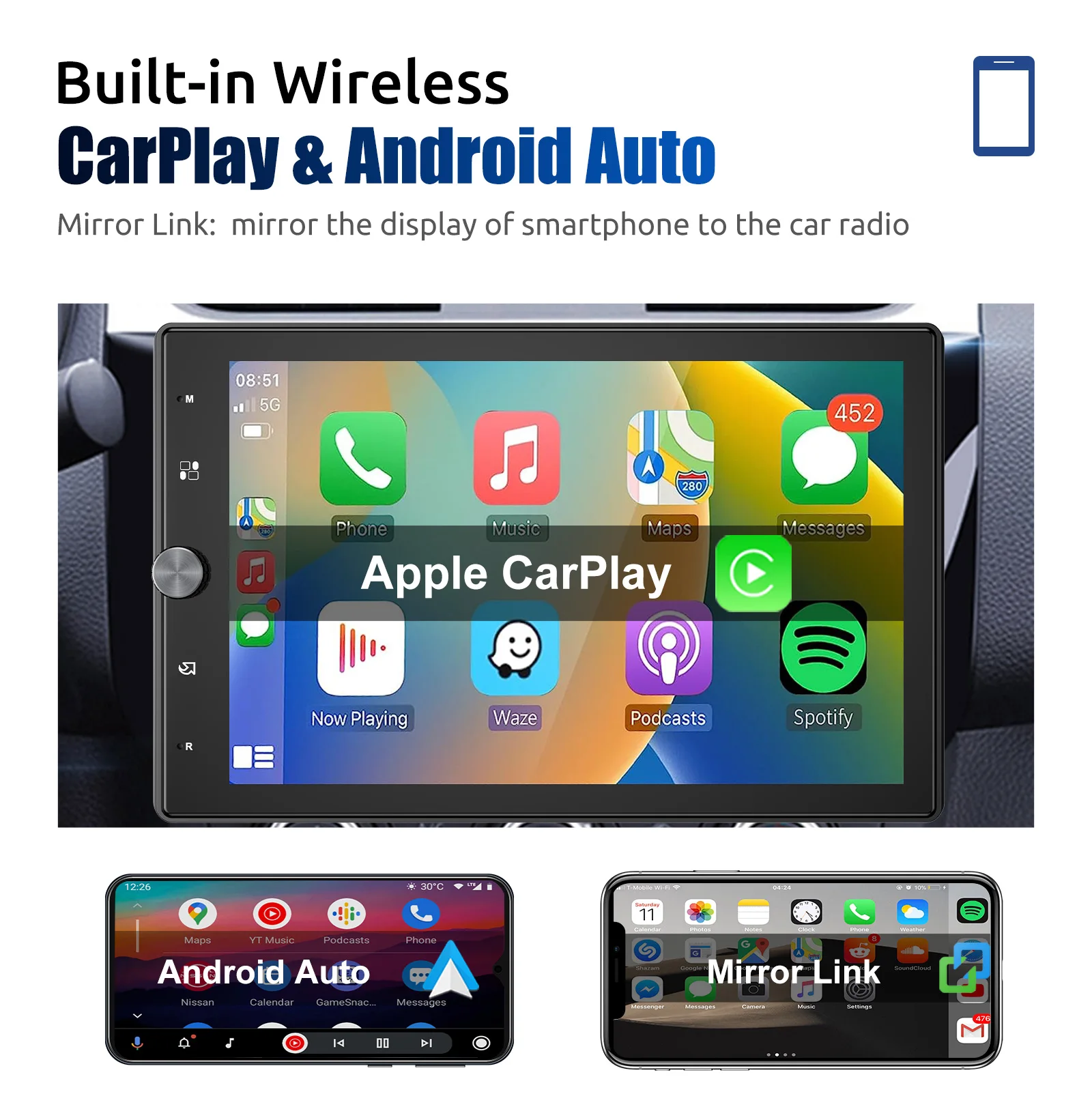 ESSGOO 10.1 بوصة للتدوير IPS شاشة تعمل باللمس واحدة DIN سيارة ستيريو رئيس وحدة لاسلكية Carplay أندرويد راديو تلقائي USB AUX TF