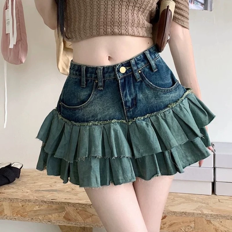 

Hot Girl Wind Denim Skirt Female Summer Design Sense Stitching Pleated Skirt High Waist Slim A-line Skirt