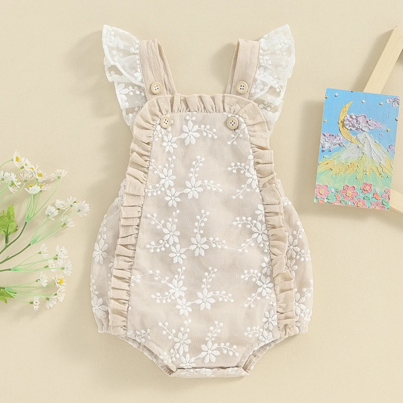 

Baby Girls Rompers Lace Embroidery Buttons Frills Fly Sleeve Infant Bodysuits Summer Clothes Jumpsuits