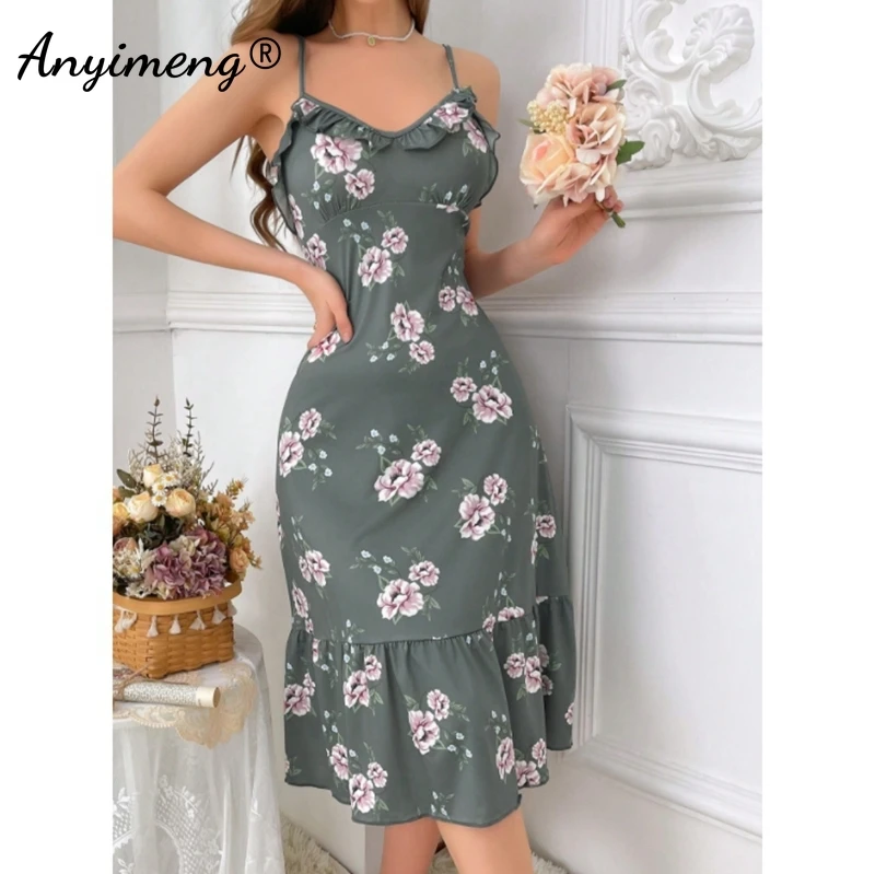 Lady Lingerie Gorgeous Women Nightgowns Summer Fashion Retro Nightdress Ruffle Dress Elegant Floral Homedress Chic Slim Gowns