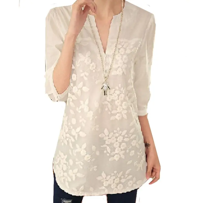 Casual Stylish Floral Embroidery Midi Blouse Summer Loose Half Sleeve All-match Female Hollow Out Elegant V-Neck Button Shirt