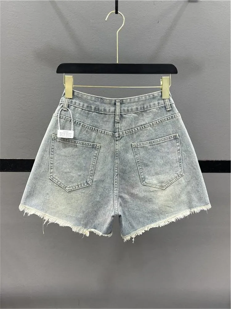 Jeans curto e pesado de borboleta feminino, borla com broca quente, solto, perna larga, shorts jeans de luxo, moda verão 2022