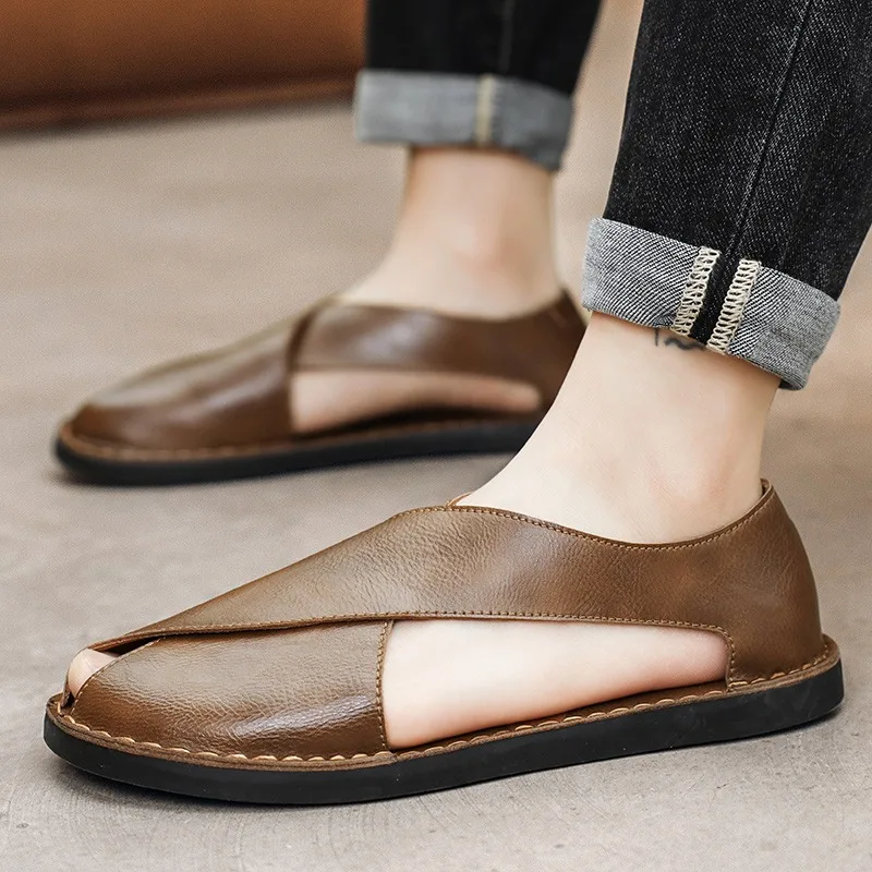 

Мужские сандалии из натуральной кожи, летние, легкие, дышащие, для пляжа, низкие, молодежные