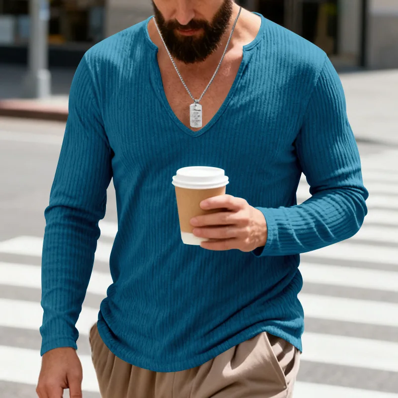 Cross-border spring and autumn loose elastic tough guy men's casual trend big V-neck design long-sleeved T-shirt