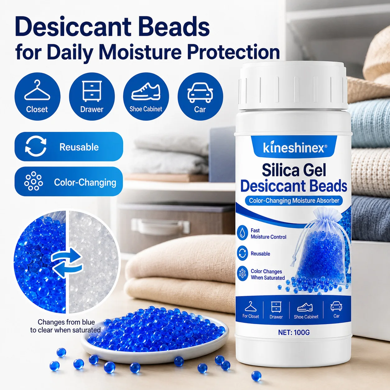 Silica Gel Desiccant Beads, Reusable Color-Changing Moisture Absorber for Closets, Drawers, Shoe Cabinets, Cars & Storage, 100 g