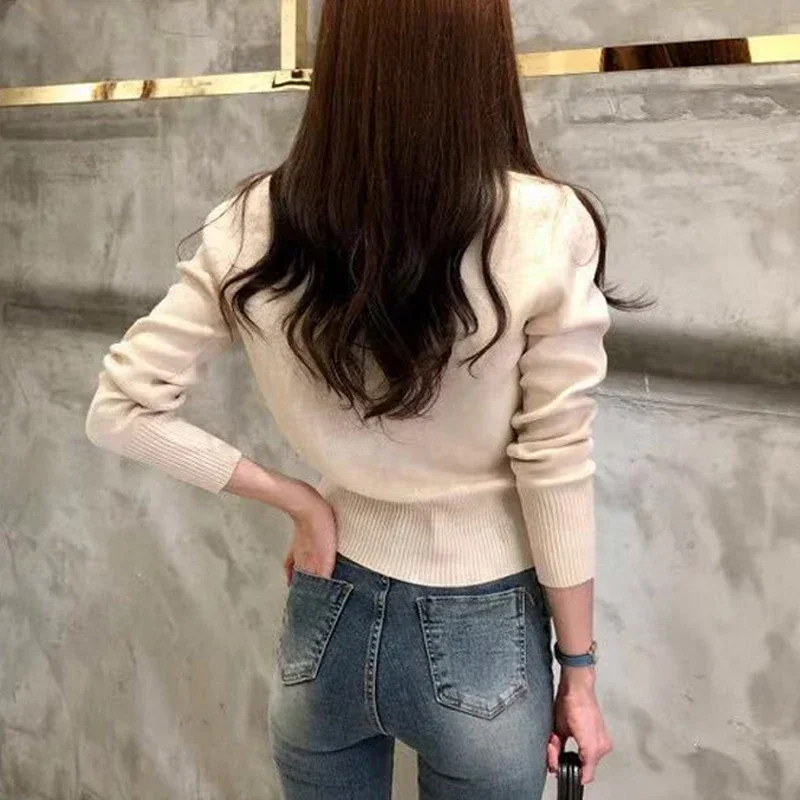 Sweater Knitted Cardigan Button Jacket 2024 Autumn Winter V-neck Long Sleeve Casual Short Tops For Women Sweater Beige White