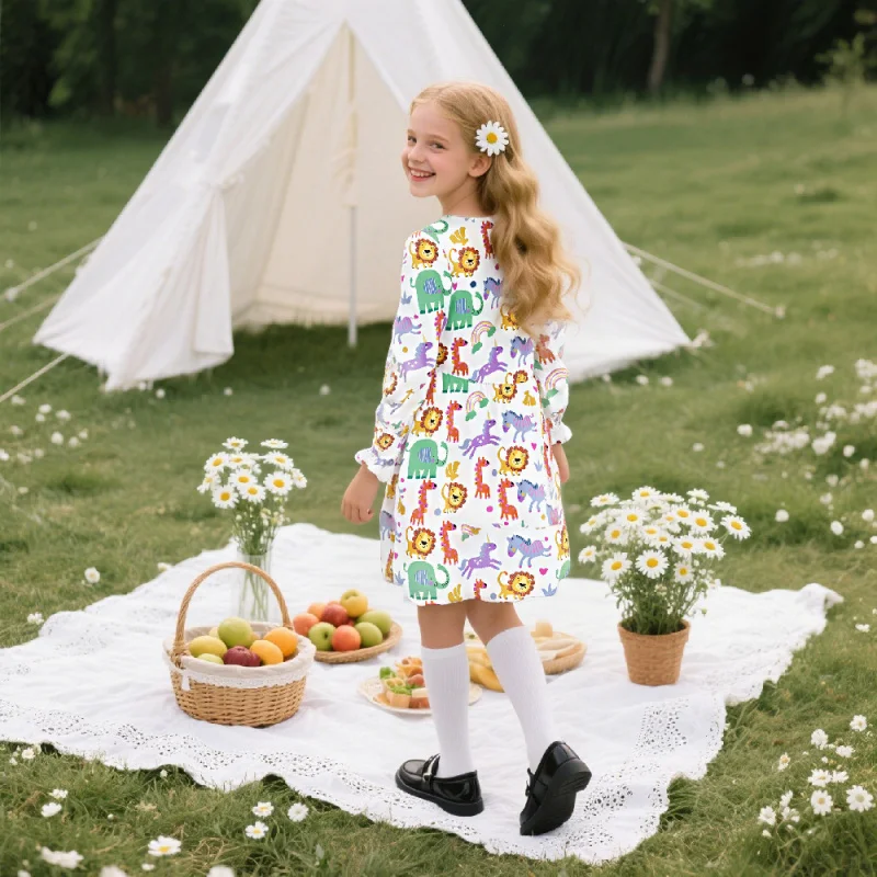 Girls Long Sleeve Animal Print Dress, Cute Giraffe, Elephant, Lion, Casual Dress for Kids, 2026