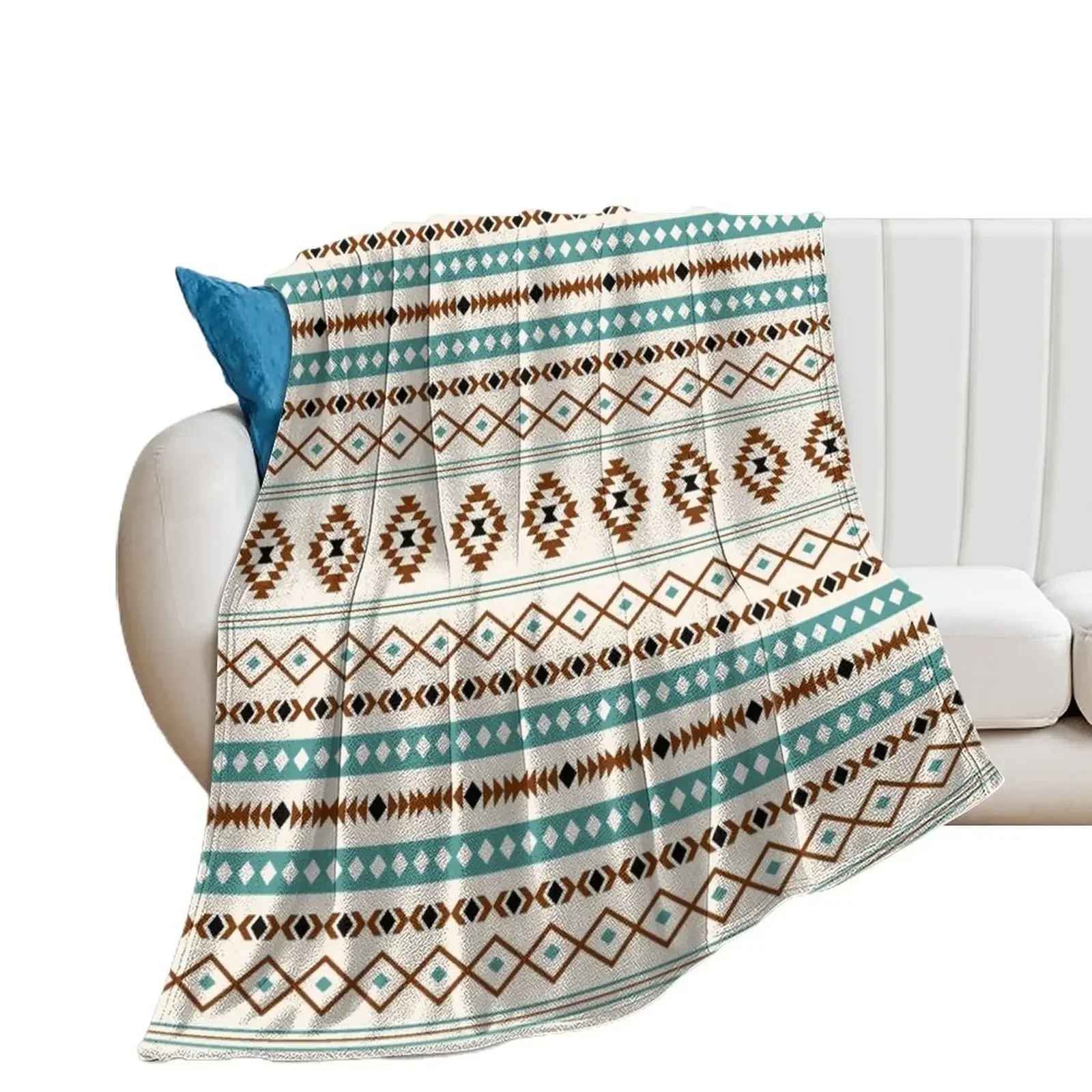 Aztec Teal Terracotta Black Cream Mixed Pattern Throw Blanket Heavy Plush Multi-Purpose Quilt Blankets