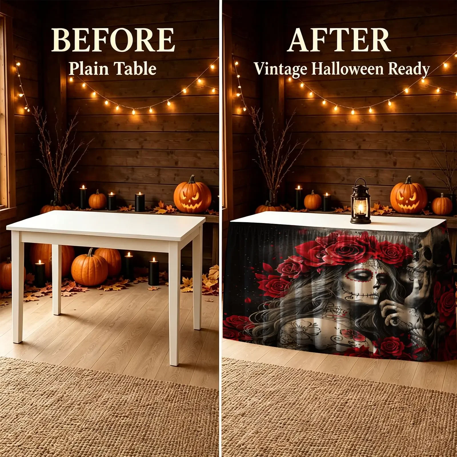 Halloween Christmas Party Tablecloth 1 piece - Terrifying Candy Skull Woman and Skull Hugging Each Other