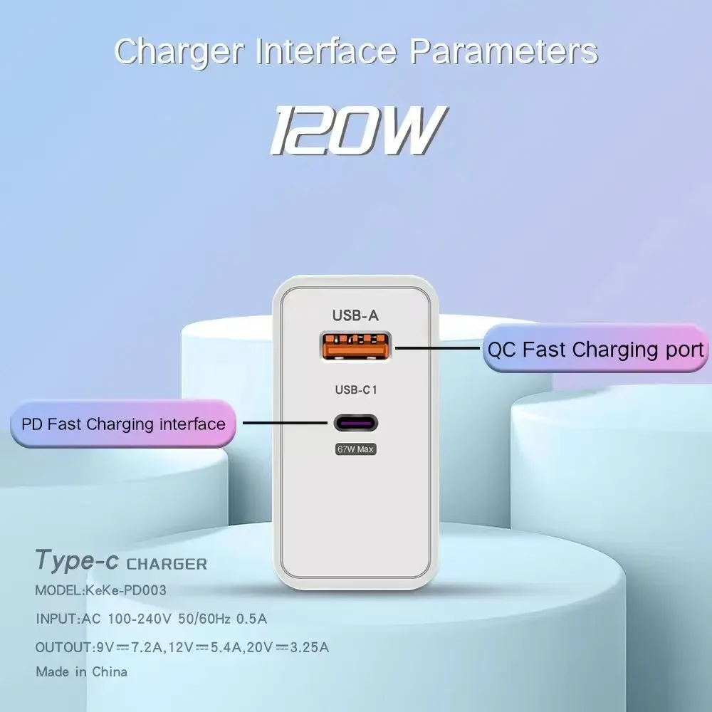 New PD 120W Fast Charger Type C Quick Charge 3.0 Wall Phone Charger Adapter For iPhone Huawei Samsung Xiaomi US/EU charger