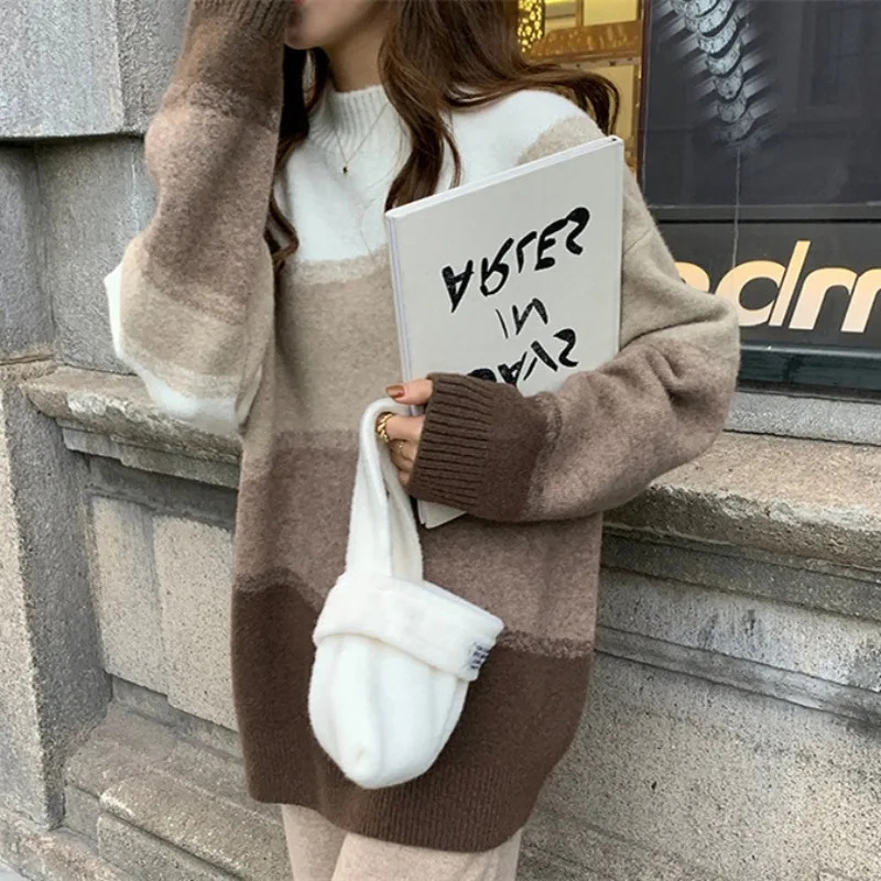 الكورية نمط لينة شمعي الجولة الرقبة متماسكة سترة المرأة البلوز 2025 الخريف/الشتاء تصميم جديد غير رسمي فضفاض كسول محبوك