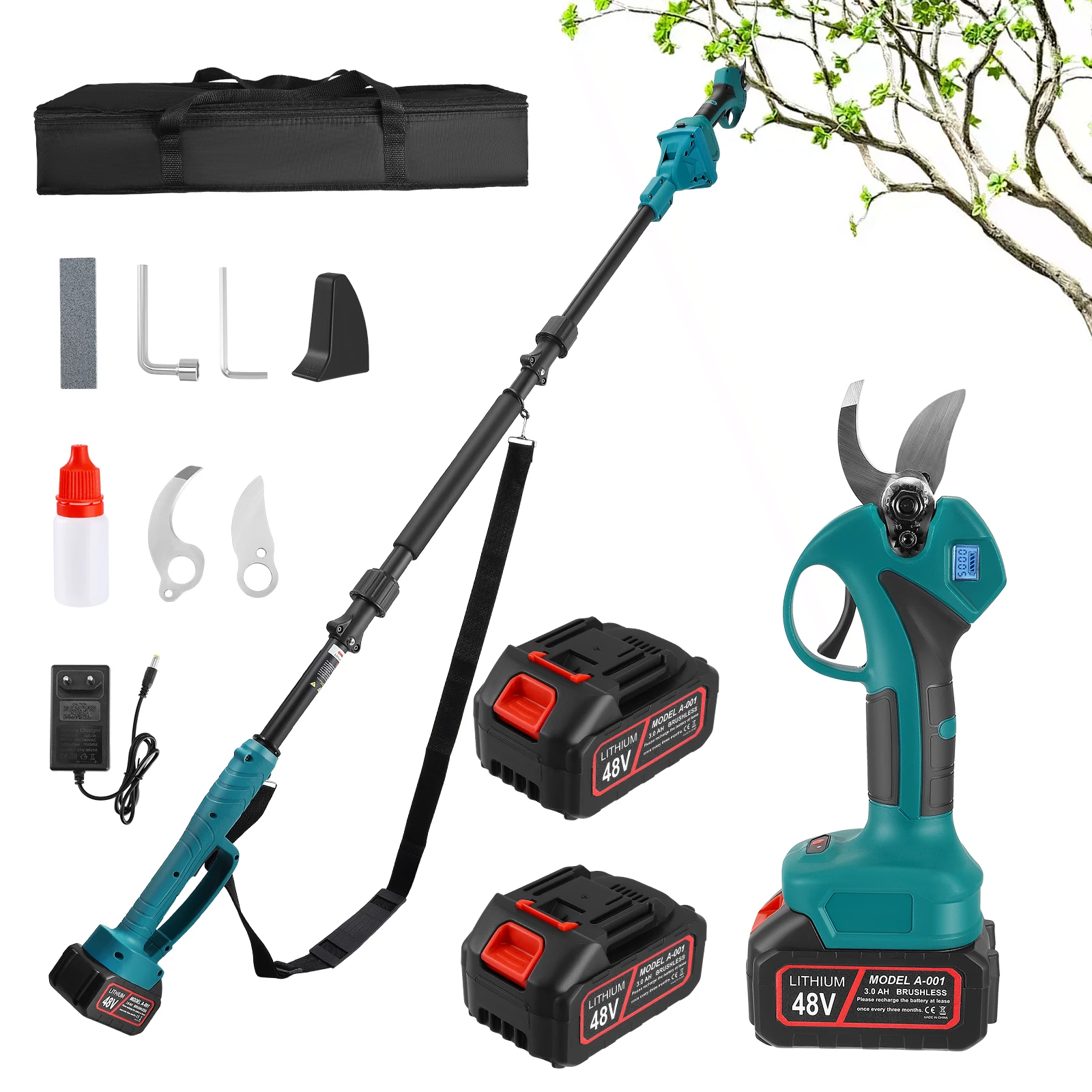 2-in-1 Bürstenlose Elektrische Schere 400W 3000mAh Akku Elektrische Astschere mit Verlängerungsstange Baumastenschneider