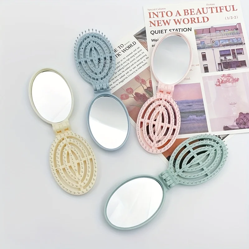 折りたたみ式トラベルヘアブラシ ミラー付き ポータブル折りたたみポケットヘアブラシ ミニヘアコーム コンパクトサイズ ヘアマッサージコーム